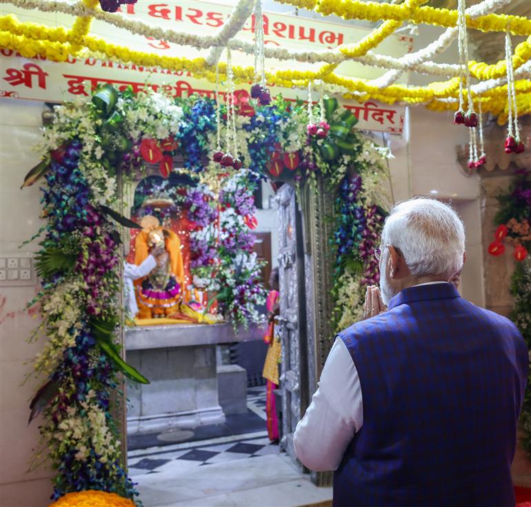 PM performs pooja and darshan at Beyt Dwarka temple, in Gujarat on February 25, 2024.