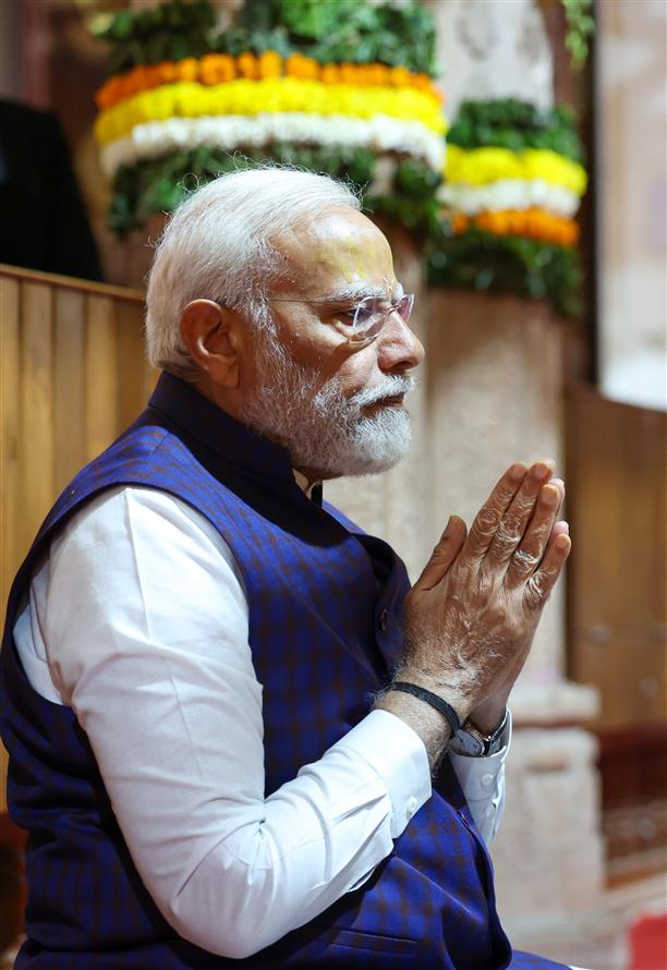 PM performs pooja and darshan at Beyt Dwarka temple, in Gujarat on February 25, 2024.