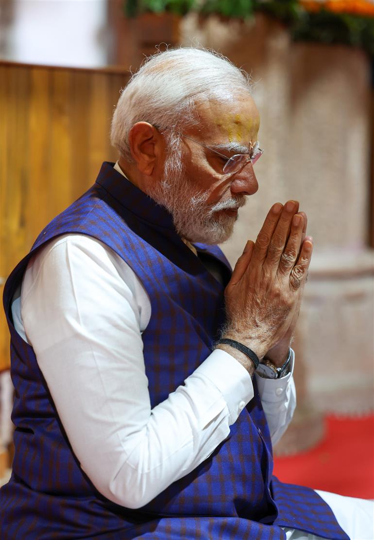 PM performs pooja and darshan at Beyt Dwarka temple, in Gujarat on February 25, 2024.