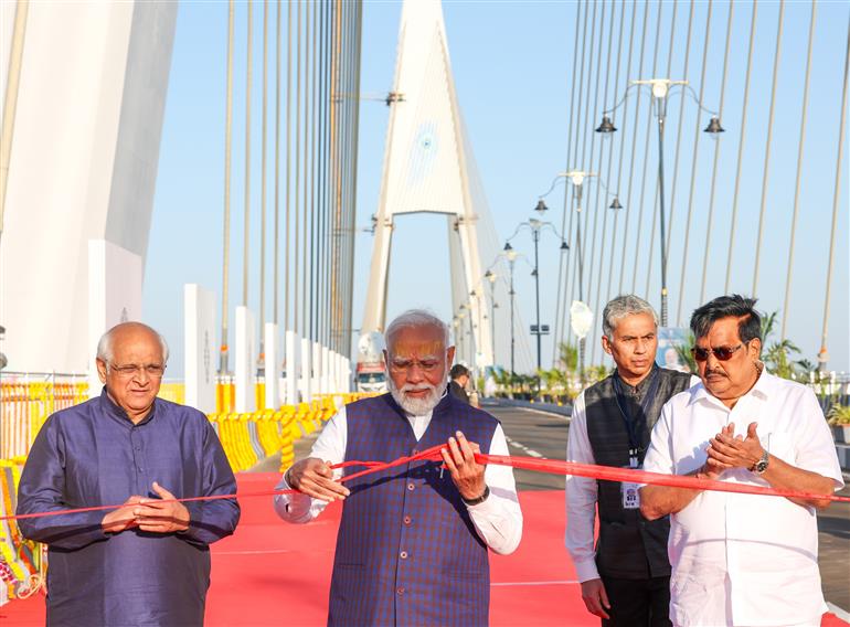 PM inaugurates Sudarshan Setu connecting Okha mainland and Beyt Dwarka island, in Gujarat on February 25, 2024.