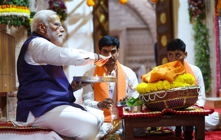 PM performs pooja and darshan at Beyt Dwarka temple, in Gujarat on February 25, 2024.