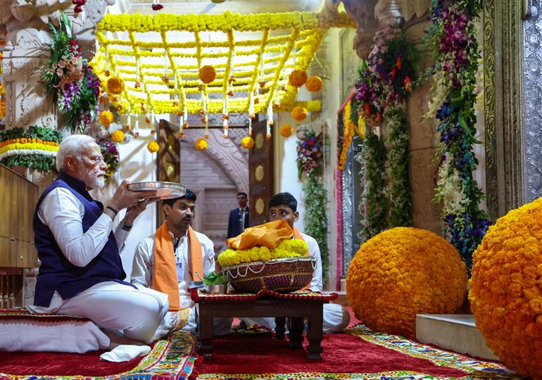 PM performs pooja and darshan at Beyt Dwarka temple, in Gujarat on February 25, 2024.