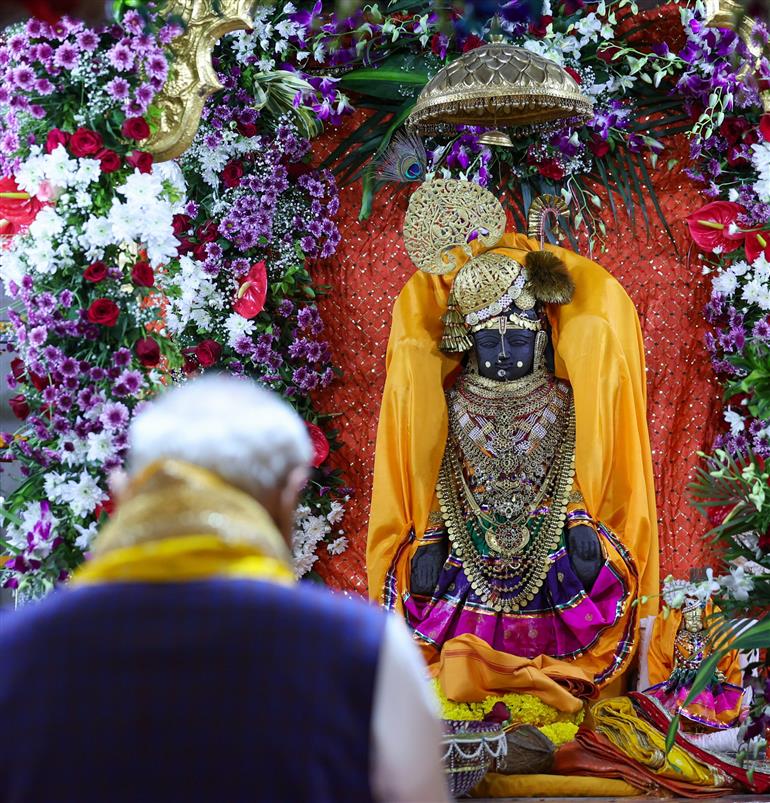 PM performs pooja and darshan at Beyt Dwarka temple, in Gujarat on February 25, 2024.