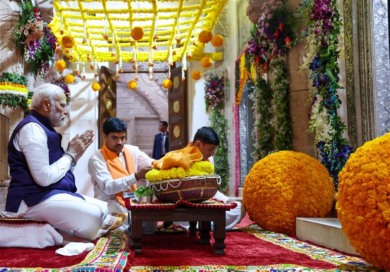 PM performs pooja and darshan at Beyt Dwarka temple, in Gujarat on February 25, 2024.