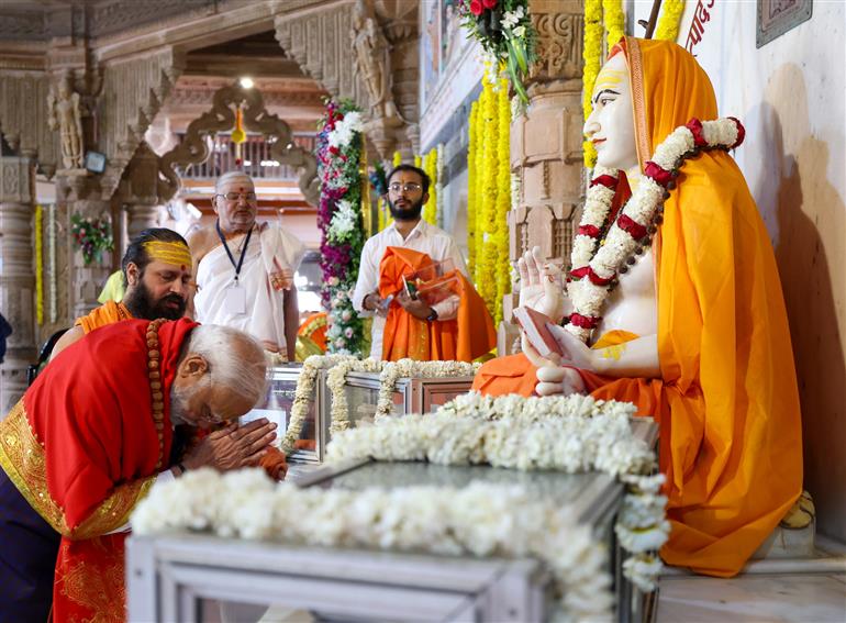 PM offers prayers at the Dwarkadhish temple and took blessings from Dwarka Shankaracharya Swami Sadanand Saraswati ji Maharaj at Shankaracharya Math Shardapeeth in Dwarka, Gujarat on February 25, 2024.