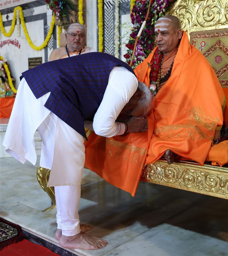 PM offers prayers at the Dwarkadhish temple and took blessings from Dwarka Shankaracharya Swami Sadanand Saraswati ji Maharaj at Shankaracharya Math Shardapeeth in Dwarka, Gujarat on February 25, 2024.