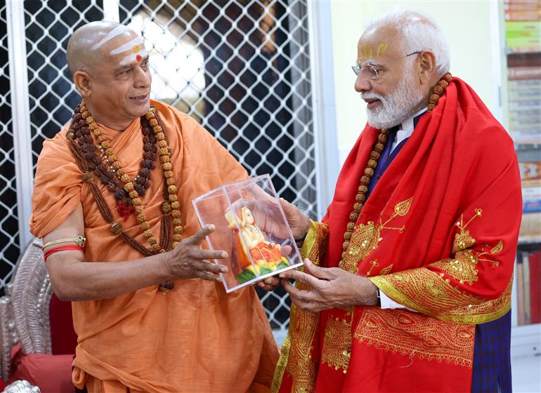 PM offers prayers at the Dwarkadhish temple and took blessings from Dwarka Shankaracharya Swami Sadanand Saraswati ji Maharaj at Shankaracharya Math Shardapeeth in Dwarka, Gujarat on February 25, 2024.