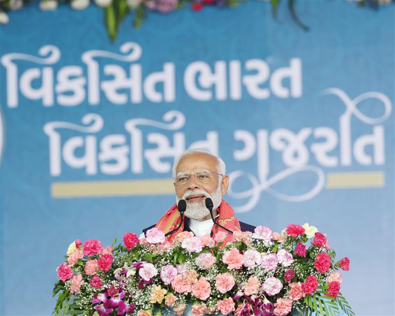 PM addressing at foundation stone laying and inauguration of multiple development projects at Dwarka, in Gujarat on February 25, 2024.