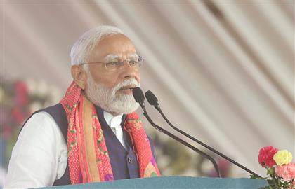 PM addressing at foundation stone laying and inauguration of multiple development projects at Dwarka, in Gujarat on February 25, 2024.