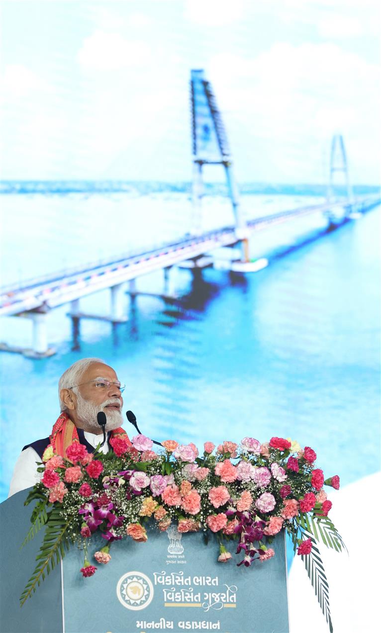 PM addressing at foundation stone laying and inauguration of multiple development projects at Dwarka, in Gujarat on February 25, 2024.