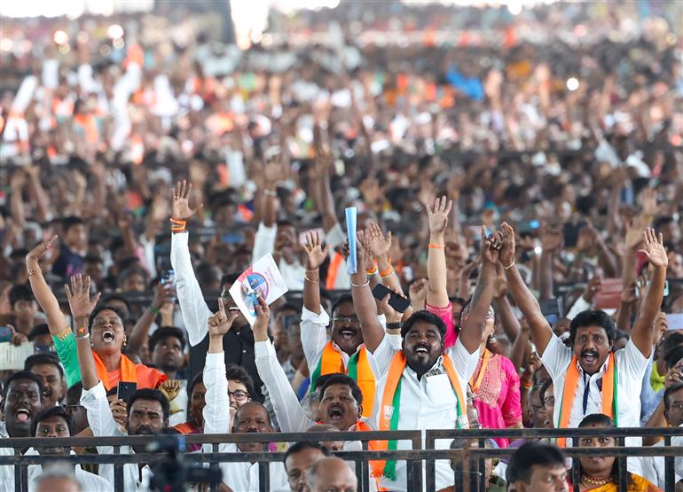 Gathering at foundation stone laying and inauguration of multiple development projects & dedicates to nation at Thoothukudi, in Tamil Nadu on February 28, 2024. PM addressing on the occasion.