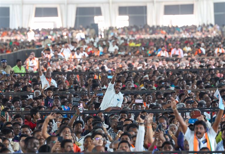 Gathering at foundation stone laying and inauguration of multiple development projects & dedicates to nation at Thoothukudi, in Tamil Nadu on February 28, 2024. PM addressing on the occasion.