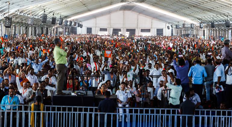 Gathering at foundation stone laying and inauguration of multiple development projects & dedicates to nation at Thoothukudi, in Tamil Nadu on February 28, 2024. PM addressing on the occasion.