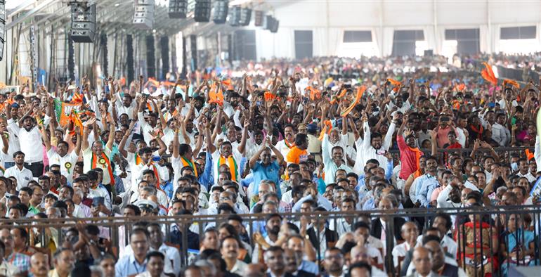 Gathering at foundation stone laying and inauguration of multiple development projects & dedicates to nation at Thoothukudi, in Tamil Nadu on February 28, 2024. PM addressing on the occasion.