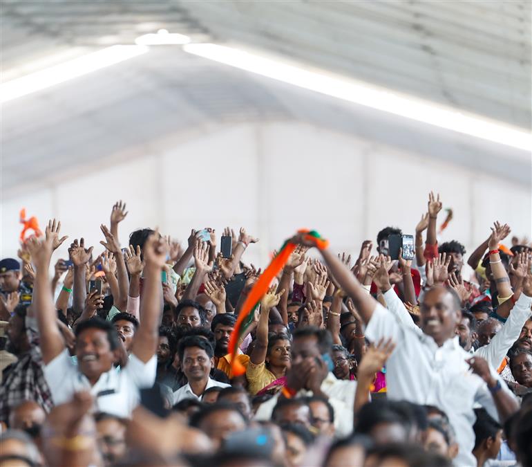 Gathering at foundation stone laying and inauguration of multiple development projects & dedicates to nation at Thoothukudi, in Tamil Nadu on February 28, 2024. PM addressing on the occasion.
