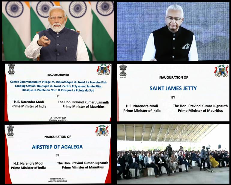 PM and the Prime Minister of Mauritius, Mr Pravind Jugnauth jointly inaugurate new Airstrip and a Jetty at Agalega Island in Mauritius via video conferencing on February 29, 2024.