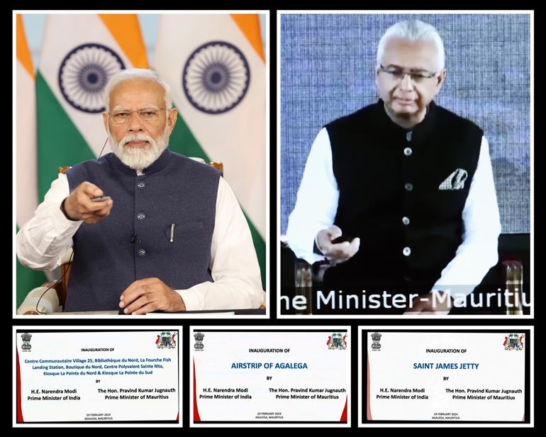 PM and the Prime Minister of Mauritius, Mr Pravind Jugnauth jointly inaugurate new Airstrip and a Jetty at Agalega Island in Mauritius via video conferencing on February 29, 2024.