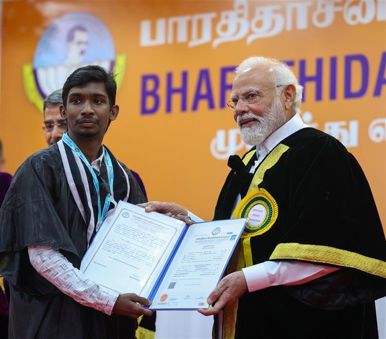 PM attends 38th Convocation Ceremony of Bharathidasan University at Tiruchirappalli, in Tamil Nadu on January 02, 2024.