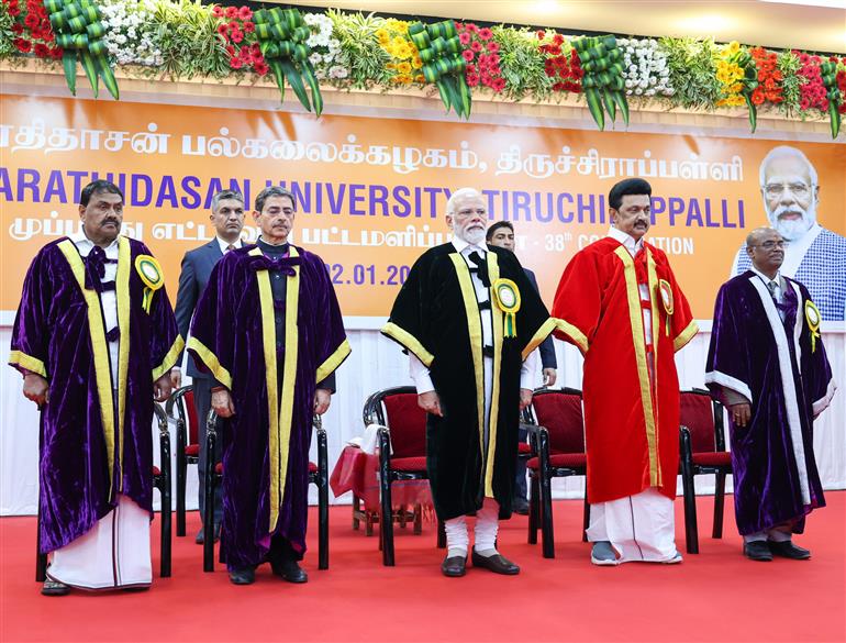 PM attends 38th Convocation Ceremony of Bharathidasan University at Tiruchirappalli, in Tamil Nadu on January 02, 2024.