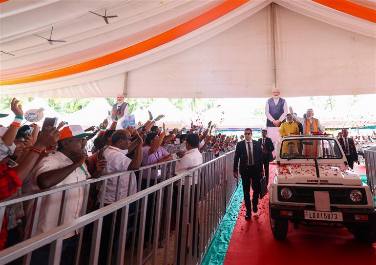 PM receives warm welcome by people at Kavaratti, in Lakshadweep on January 03, 2024.