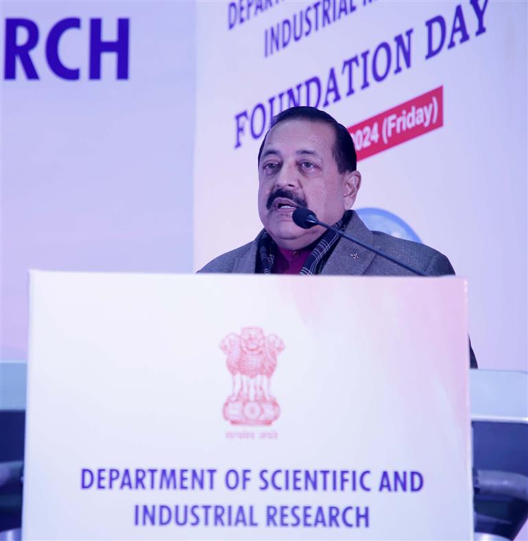 The Minister of State (Independent Charge) for Science & Technology, Prime Minister’s Office, Personnel, Public Grievances & Pensions, Atomic Energy and Space, Dr. Jitendra Singh addressing at DSIR Foundation Day Function, in New Delhi on January 05, 2024.