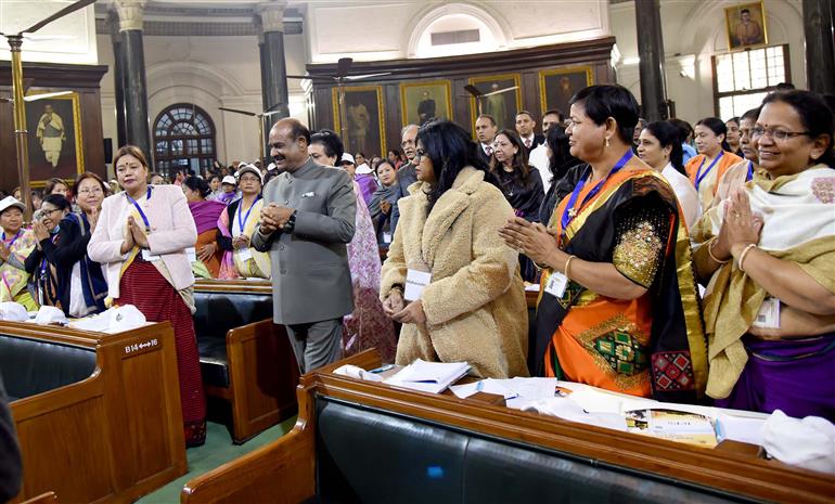 The Speaker of Lok Sabha, Shri Om Birla Interacted with women representatives of Gram Panchayats and urban bodies from across the country in the program "From Panchayat to Parliament" at Central Hall of Samvidhan Sadan, in New Delhi on January 05, 2024.