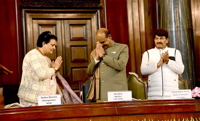 The Speaker of Lok Sabha, Shri Om Birla Interacted with women representatives of Gram Panchayats and urban bodies from across the country in the program "From Panchayat to Parliament" at Central Hall of Samvidhan Sadan, in New Delhi on January 05, 2024.