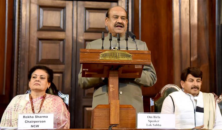 The Speaker of Lok Sabha, Shri Om Birla Interacted with women representatives of Gram Panchayats and urban bodies from across the country in the program "From Panchayat to Parliament" at Central Hall of Samvidhan Sadan, in New Delhi on January 05, 2024.