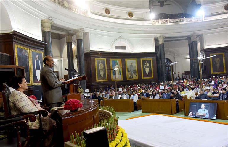 The Speaker of Lok Sabha, Shri Om Birla Interacted with women representatives of Gram Panchayats and urban bodies from across the country in the program "From Panchayat to Parliament" at Central Hall of Samvidhan Sadan, in New Delhi on January 05, 2024.