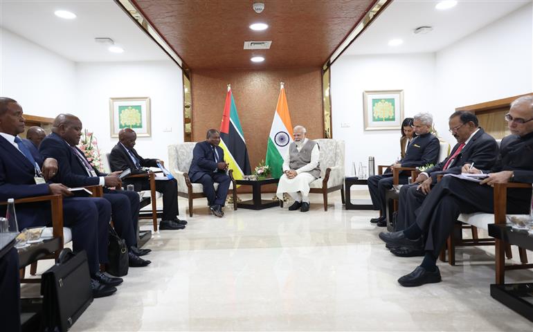 PM holds a bilateral meeting with Mozambique President, Mr. Filipe Jacinto Nyusi at Gandhinagar, in Gujarat on January 09, 2024.  