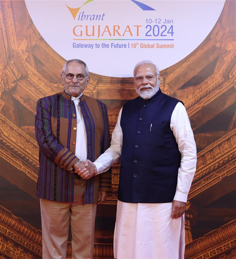 PM welcomes the President of Timor-Leste, Dr. Jose Ramos Horta at Mahatma Mandir for the Vibrant Gujarat Summit at Gandhinagar, in Gujarat on January 10, 2024.