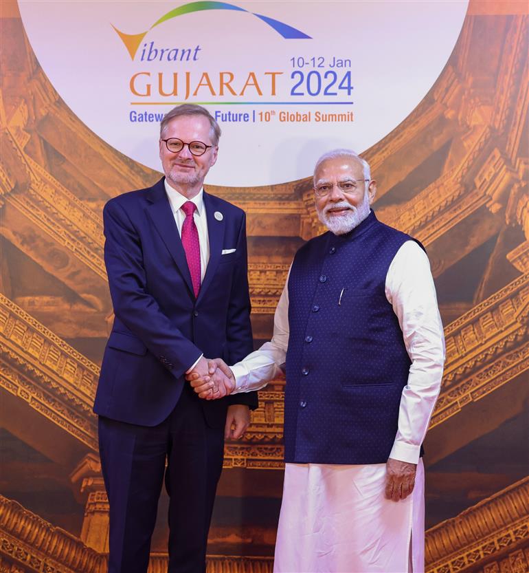 PM welcomes the Prime Minister of the Czech Republic, Mr. Petr Fiala at Mahatma Mandir for the Vibrant Gujarat Summit at Gandhinagar, in Gujarat on January 10, 2024.