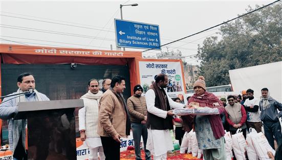 Glimpses of the Viksit Bharat Sankalp Yatra program at Kishangarh, Shani Bazar chowk, JNU Road nearest Fortis Hospital in South Delhi on January 09, 2024.  