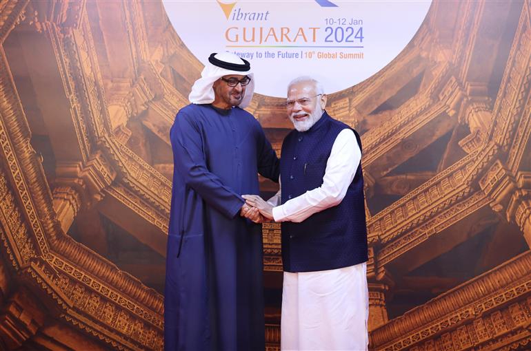 PM welcomes the President of UAE, Mohamed bin Zayed Al Nahyan at Vibrant Gujarat Global Summit 2024 in Gandhinagar, Gujarat on January 10, 2024.  