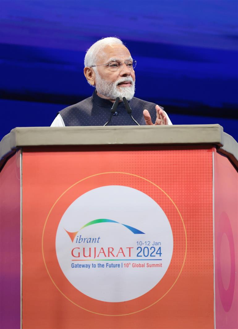 PM addressing at the inauguration of Vibrant Gujarat Global Summit 2024 at Gandhinagar, in Gujarat on January 10, 2024.  