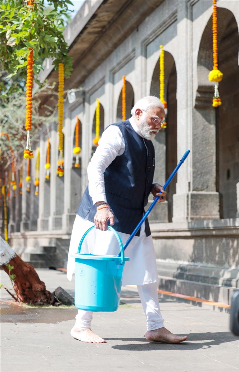 PM undertakes Swachhata drive at Shree Kala Ram Mandir in Nashik, Maharashtra on January 12, 2024.