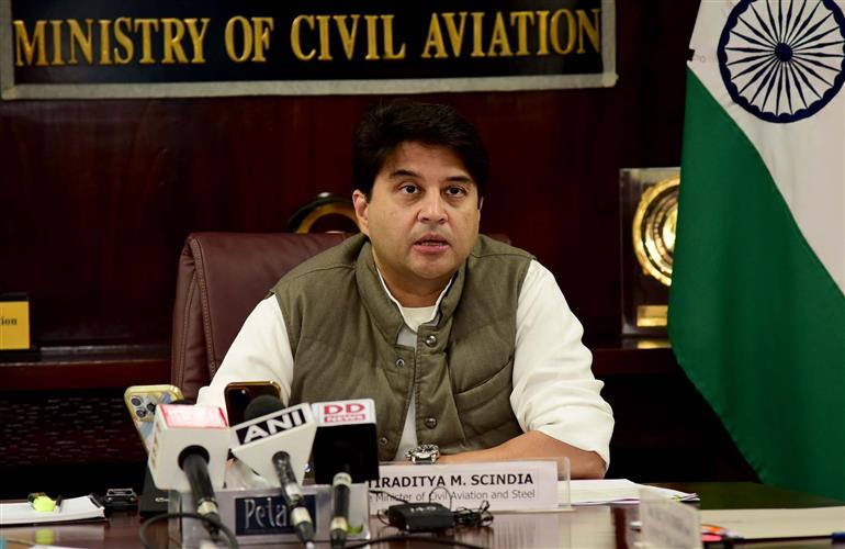 The Union Minister of Steel and Civil Aviation, Shri Jyotiraditya M. Scindia interacting with media during the flight route flagging off ceremony of Gwalior to Bengaluru and Gwalior-Delhi-Ayodhya, in New Delhi on January 16, 2024.