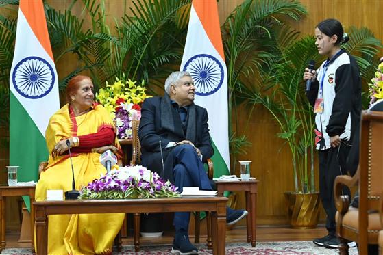 The Vice President and Chairman, Rajya Sabha, Shri Jagdeep Dhankhar meets and also interacting with a delegation of students from Menchuka Valley, Arunachal Pradesh during their National Integration Tour organised by the Indian Army at Upa-Rashtrapati Nivas, in New Delhi on January 18, 2024.