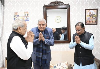 The Chief Minister of Chhattisgarh, Shri Vishnu Deo Sai paying a courtesy visit to the Vice President and Chairman, Rajya Sabha, Shri Jagdeep Dhankhar at Raj Bhavan, Raipur, in Chhattisgarh on January 20, 2024.