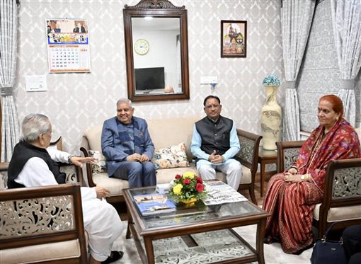 The Chief Minister of Chhattisgarh, Shri Vishnu Deo Sai paying a courtesy visit to the Vice President and Chairman, Rajya Sabha, Shri Jagdeep Dhankhar at Raj Bhavan, Raipur, in Chhattisgarh on January 20, 2024.