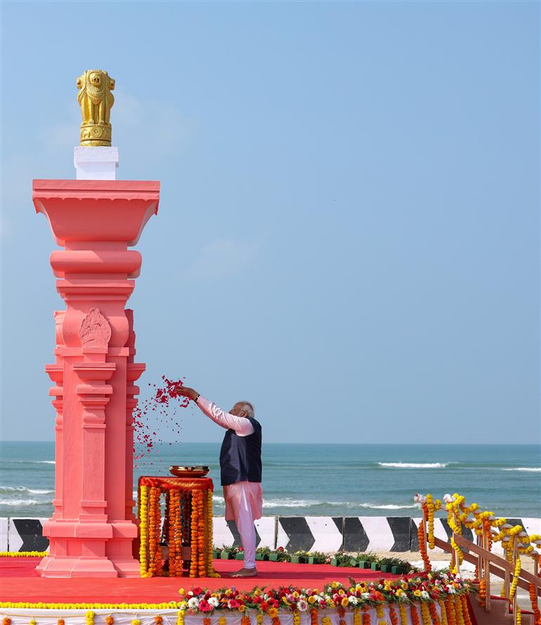 PM offers prayers at starting point of Ram Setu - Arichal Munai (Dhanushkodi Beach), in Tamil Nadu on January 21, 2024.