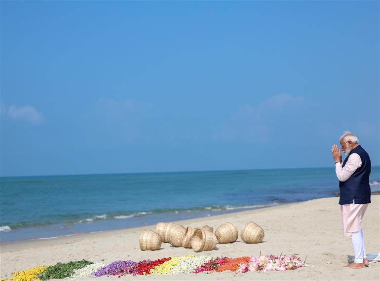 PM offers prayers at starting point of Ram Setu - Arichal Munai (Dhanushkodi Beach), in Tamil Nadu on January 21, 2024.