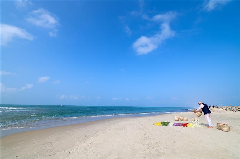 PM offers prayers at starting point of Ram Setu - Arichal Munai (Dhanushkodi Beach), in Tamil Nadu on January 21, 2024.