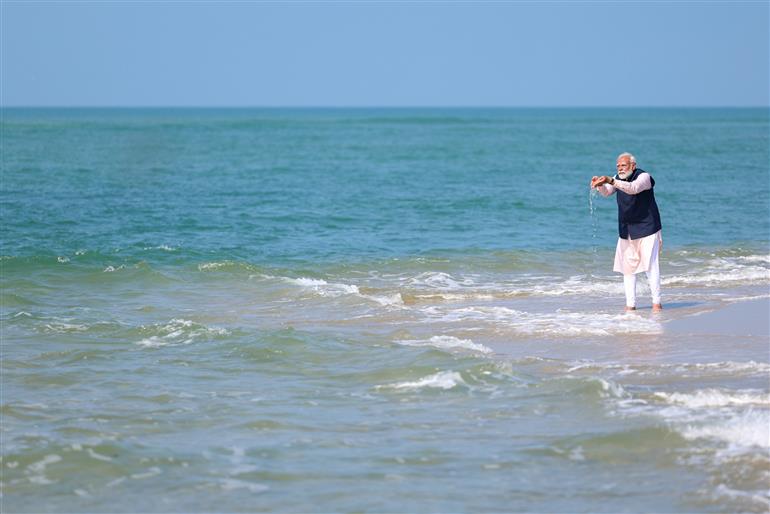 PM offers prayers at starting point of Ram Setu - Arichal Munai (Dhanushkodi Beach), in Tamil Nadu on January 21, 2024.