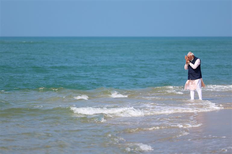 PM offers prayers at starting point of Ram Setu - Arichal Munai (Dhanushkodi Beach), in Tamil Nadu on January 21, 2024.