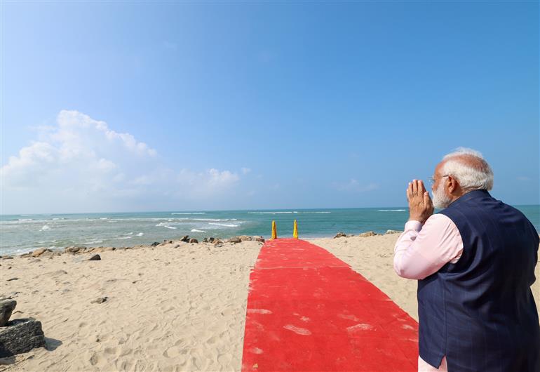 PM offers prayers at starting point of Ram Setu - Arichal Munai (Dhanushkodi Beach), in Tamil Nadu on January 21, 2024.