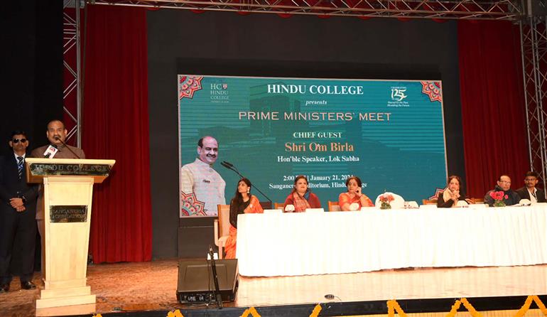The Speaker of Lok Sabha, Shri Om Birla addressing at the event of Prime Ministers’ Meet at Hindu College, in New Delhi on January 21, 2024.
