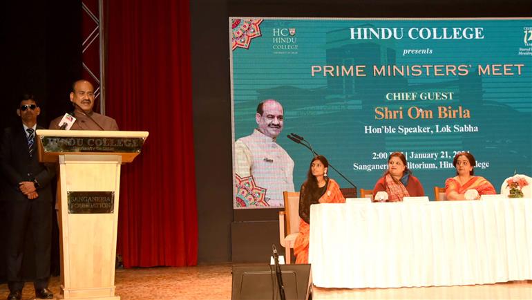 The Speaker of Lok Sabha, Shri Om Birla addressing at the event of Prime Ministers’ Meet at Hindu College, in New Delhi on January 21, 2024.