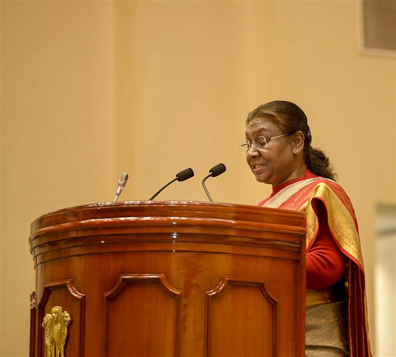 The President of India, Smt Droupadi Murmu addressing at the Pradhan Mantri Rashtriya Bal Puraskar event, in New Delhi on January 22, 2024.