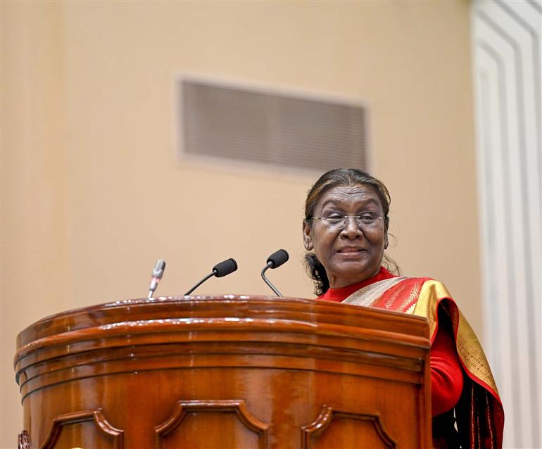 The President of India, Smt Droupadi Murmu addressing at the Pradhan Mantri Rashtriya Bal Puraskar event, in New Delhi on January 22, 2024.